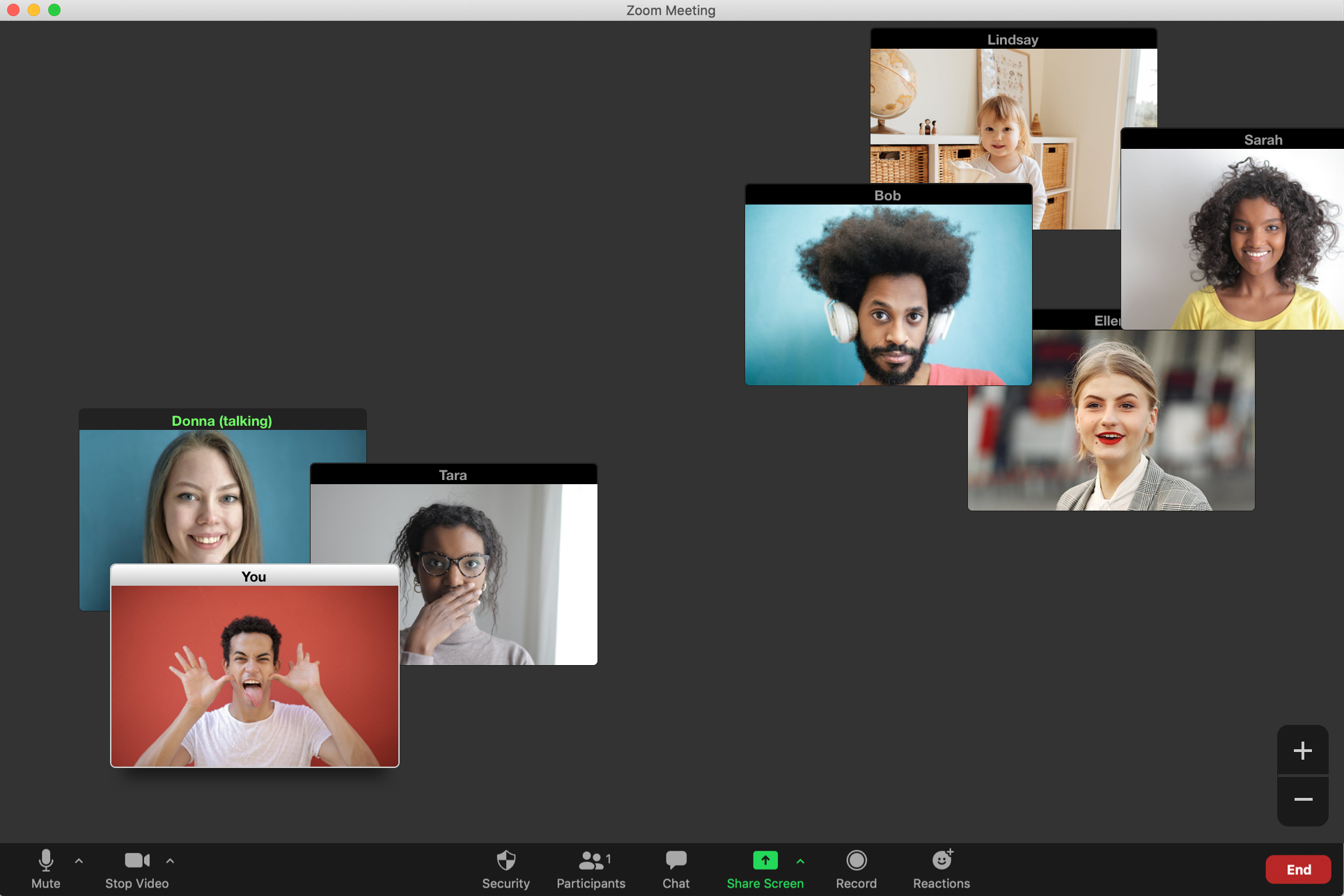 A mockup of a video chat window. Instead of the usual grid of people's faces, each person is in a small, repositionable window. The smaller windows have been positioned into two smaller groups, one in the bottom left corner, and one in the top right corner.