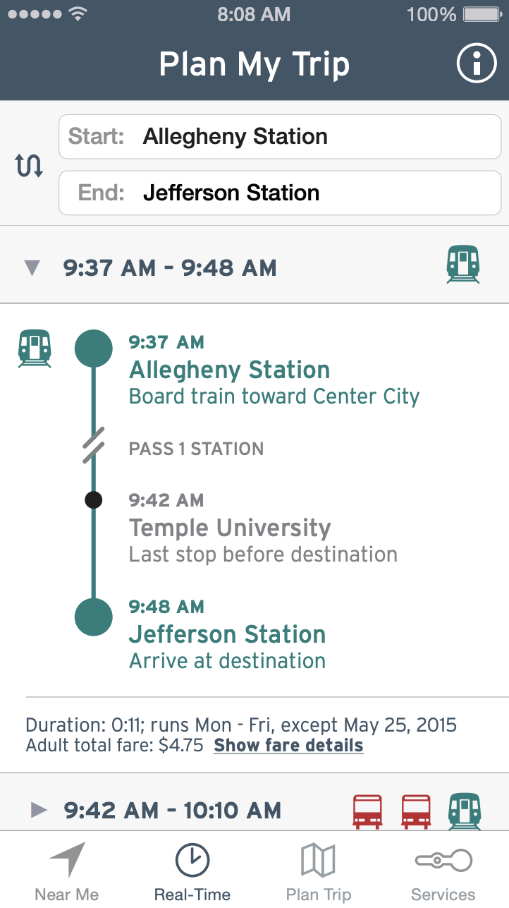 A mobile phone showing the trip planner feature of the redesigned SEPTA app.