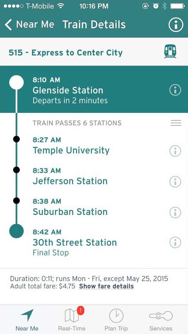 Screenshot of the SEPTA app mockup showing the schedule for a Center City-bound train.