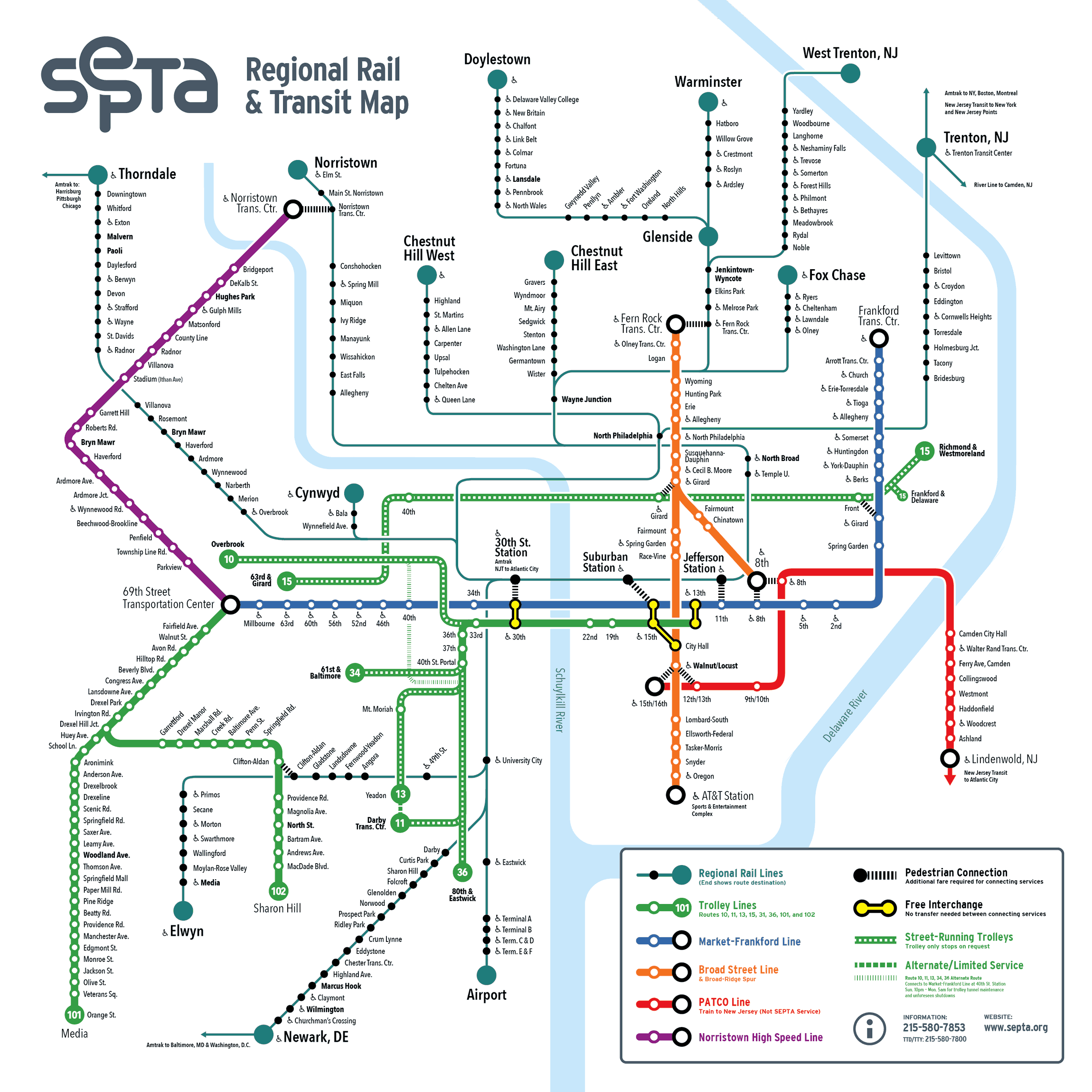 A redesigned transit system map for SEPTA showing their rail lines in the Philadelphia metropolitan area.