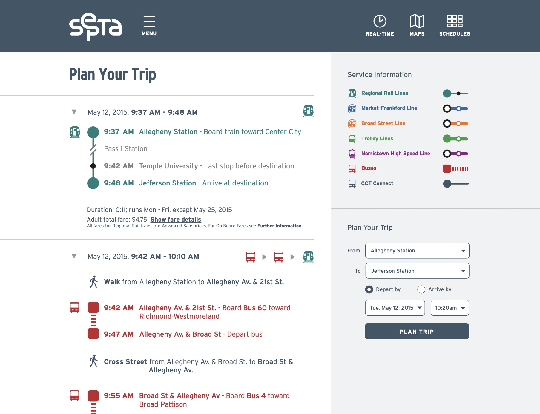 Screenshot of the SEPTA website mockup showing the trip-planning feature.