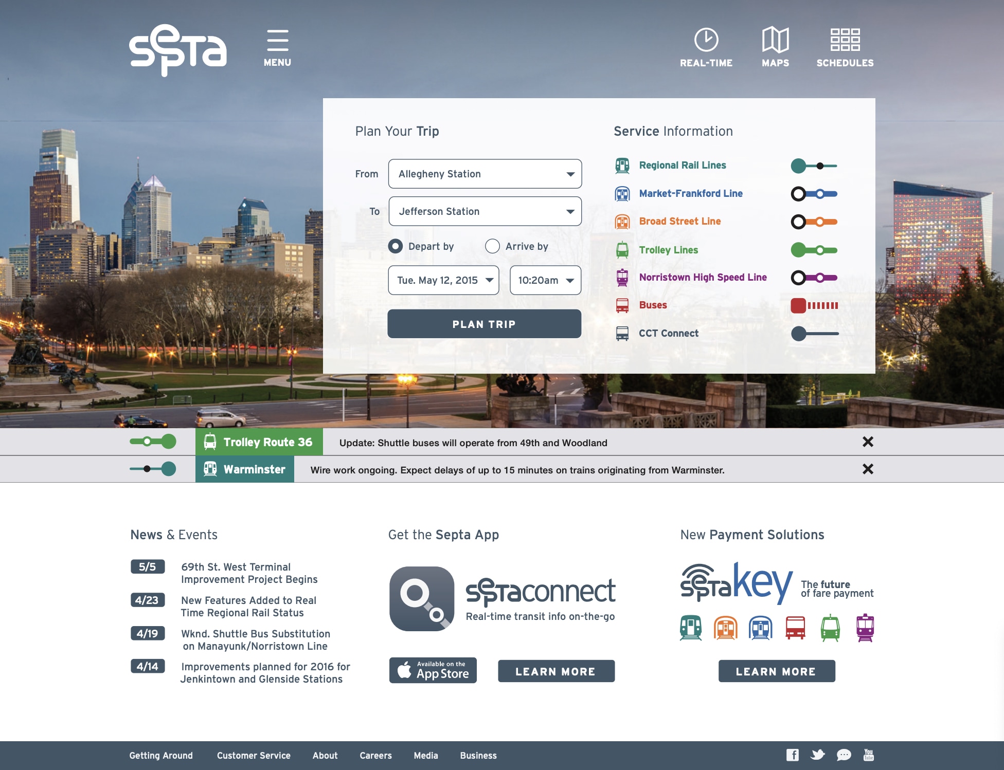 Screenshot of the SEPTA website mockup showing the homepage.