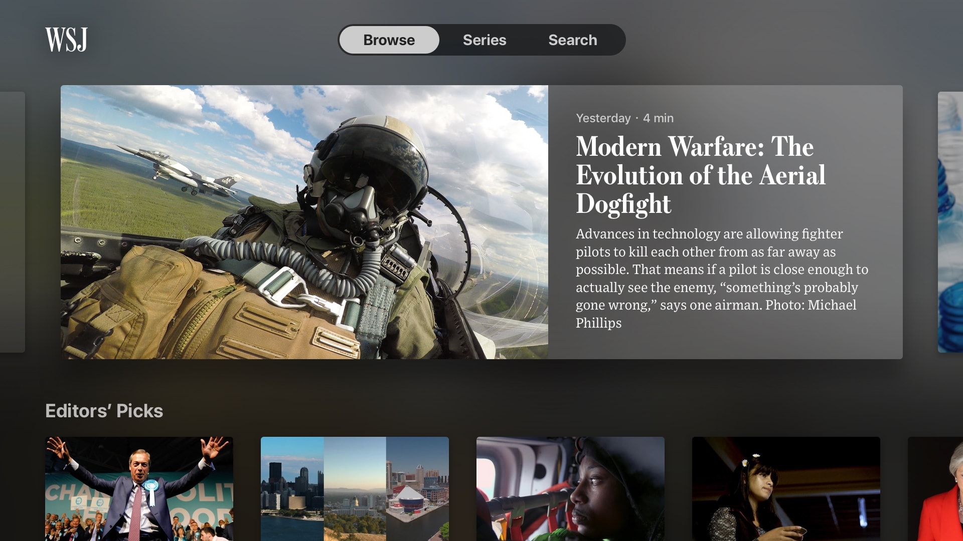 The Wall Street Journal Apple TV home screen showing featured videos.