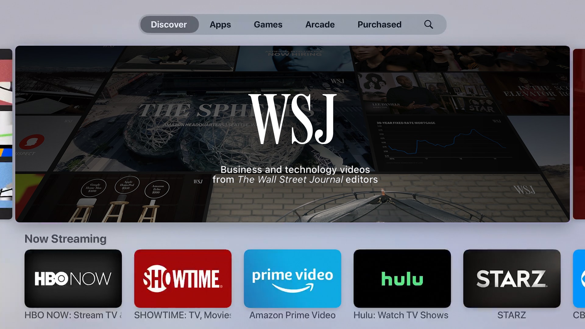 The WSJ app featured on the tvOS App Store with a large banner placement.