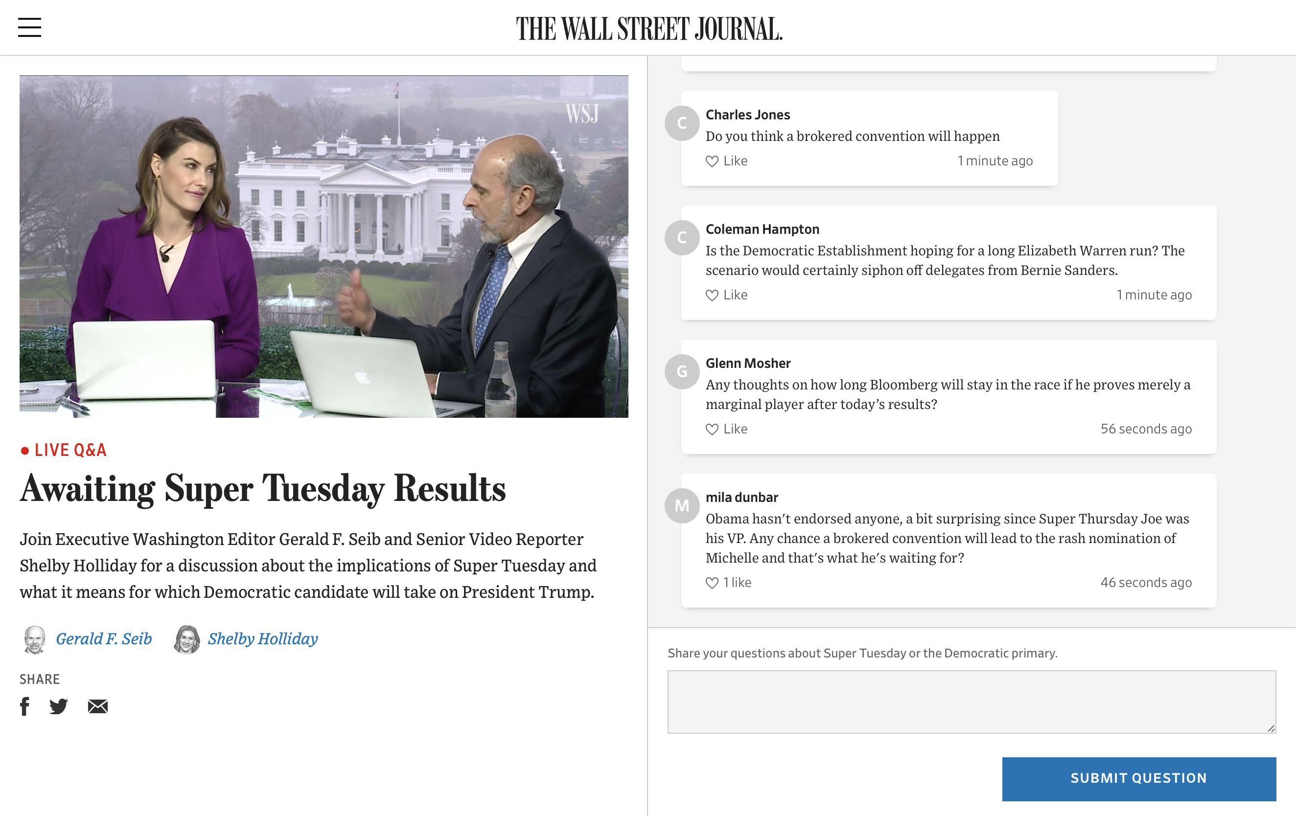Screenshot of the Wall Street Journal Live Q&A product on a desktop web browser.