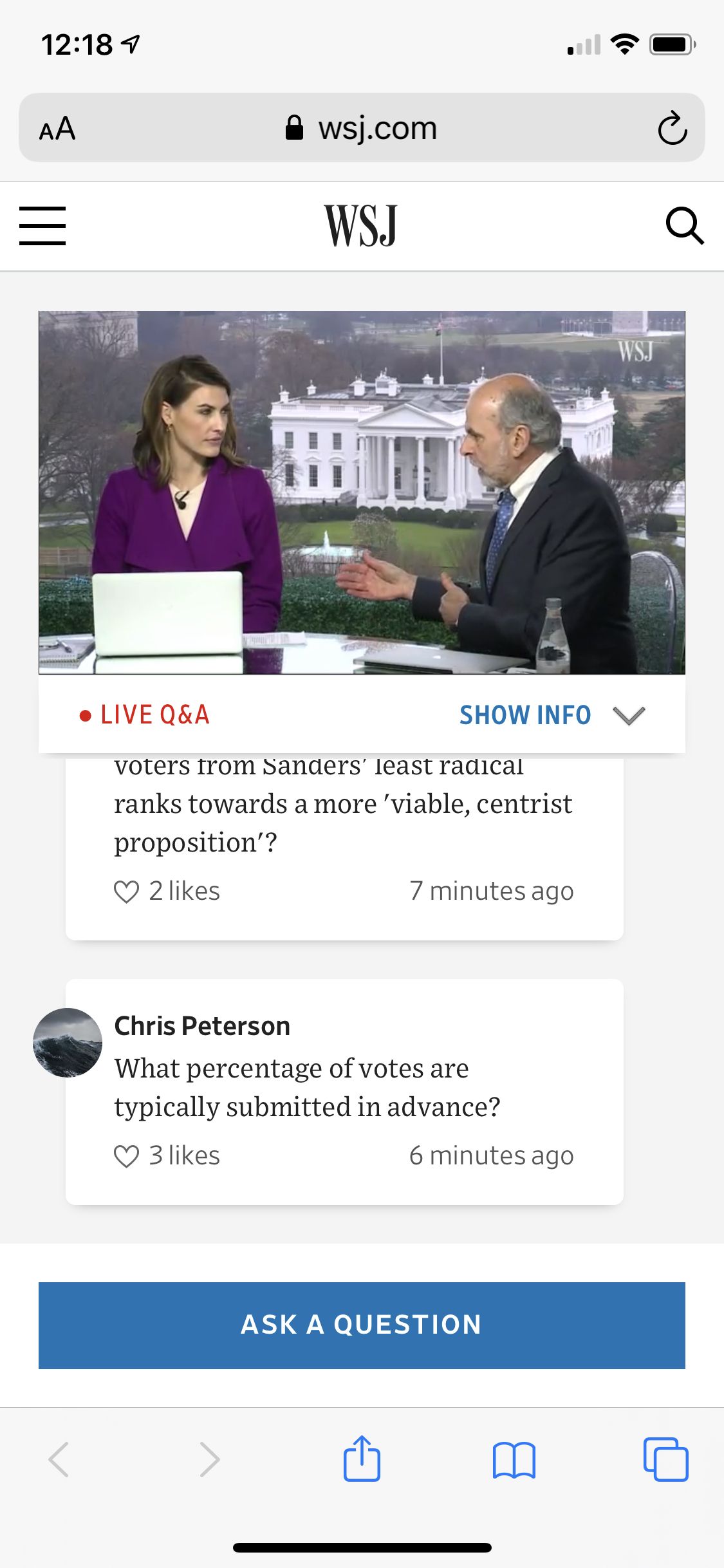 Screenshot of the Wall Street Journal Live Q&A product on a phone.
