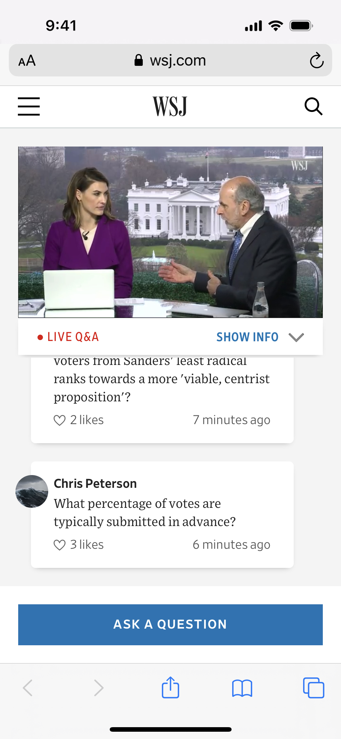 Screenshot of the Wall Street Journal Live Q&A product on a phone.